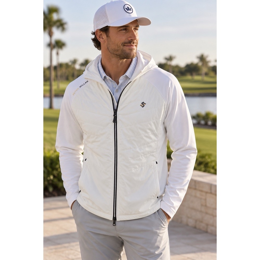 Peter Millar Merge Elite Men's L White Hybrid Hooded Golf Jacket Full Zip